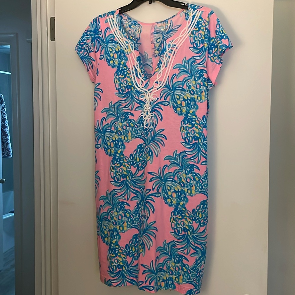 Cotton dress, s/s, white trim neck. Pink turquoise,light yellow/Pineapple print.